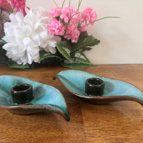Vintage Blue Mountain Pottery Leaf Candle Holders Canadian Drip Glaze Midcentury - Picture 3 of 6